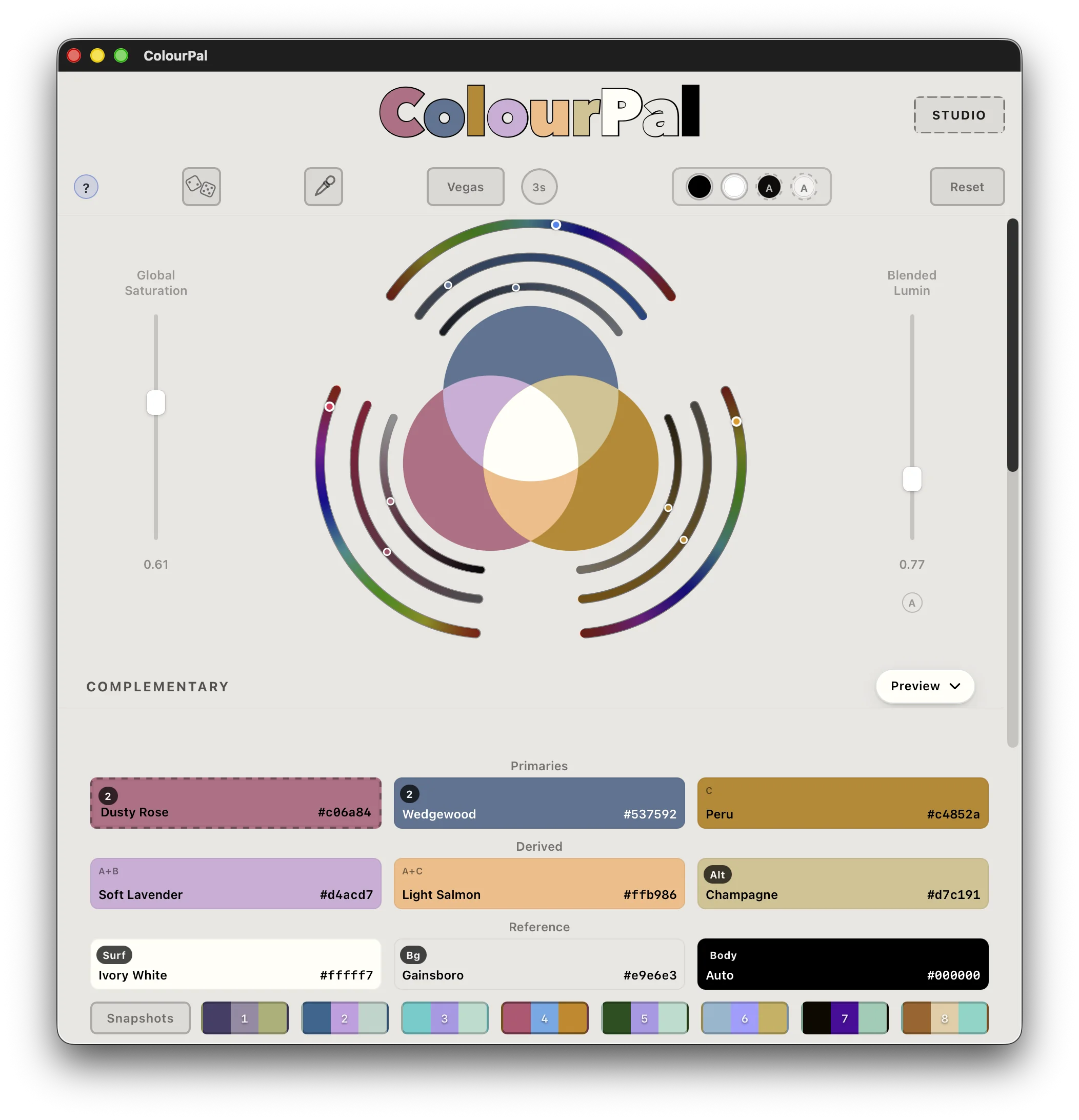 ColourPal in light mode, the same Venn-diagram interface adapted to a cream-and-warm palette