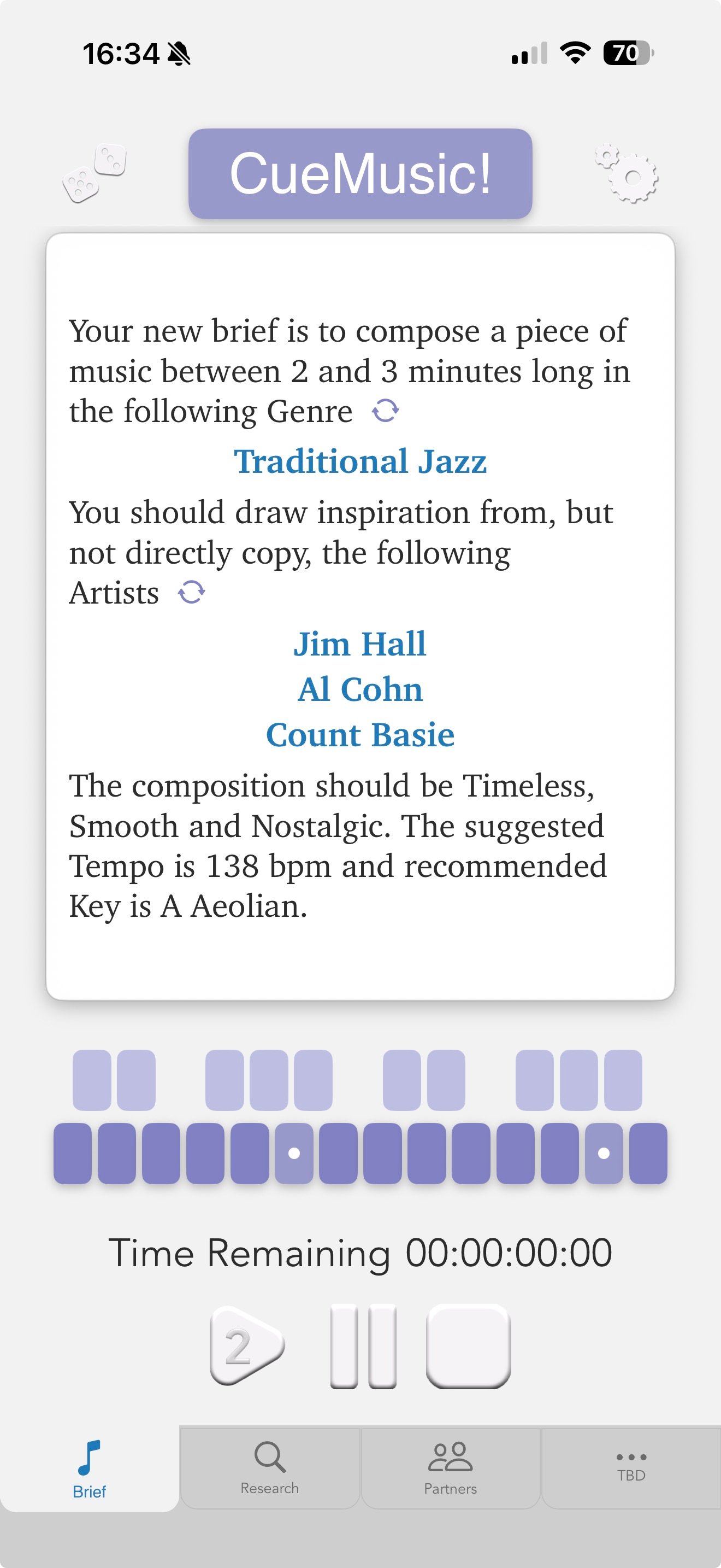 CueMusic main screen showing a generated composition brief with genre, suggested artists, mood, tempo and key